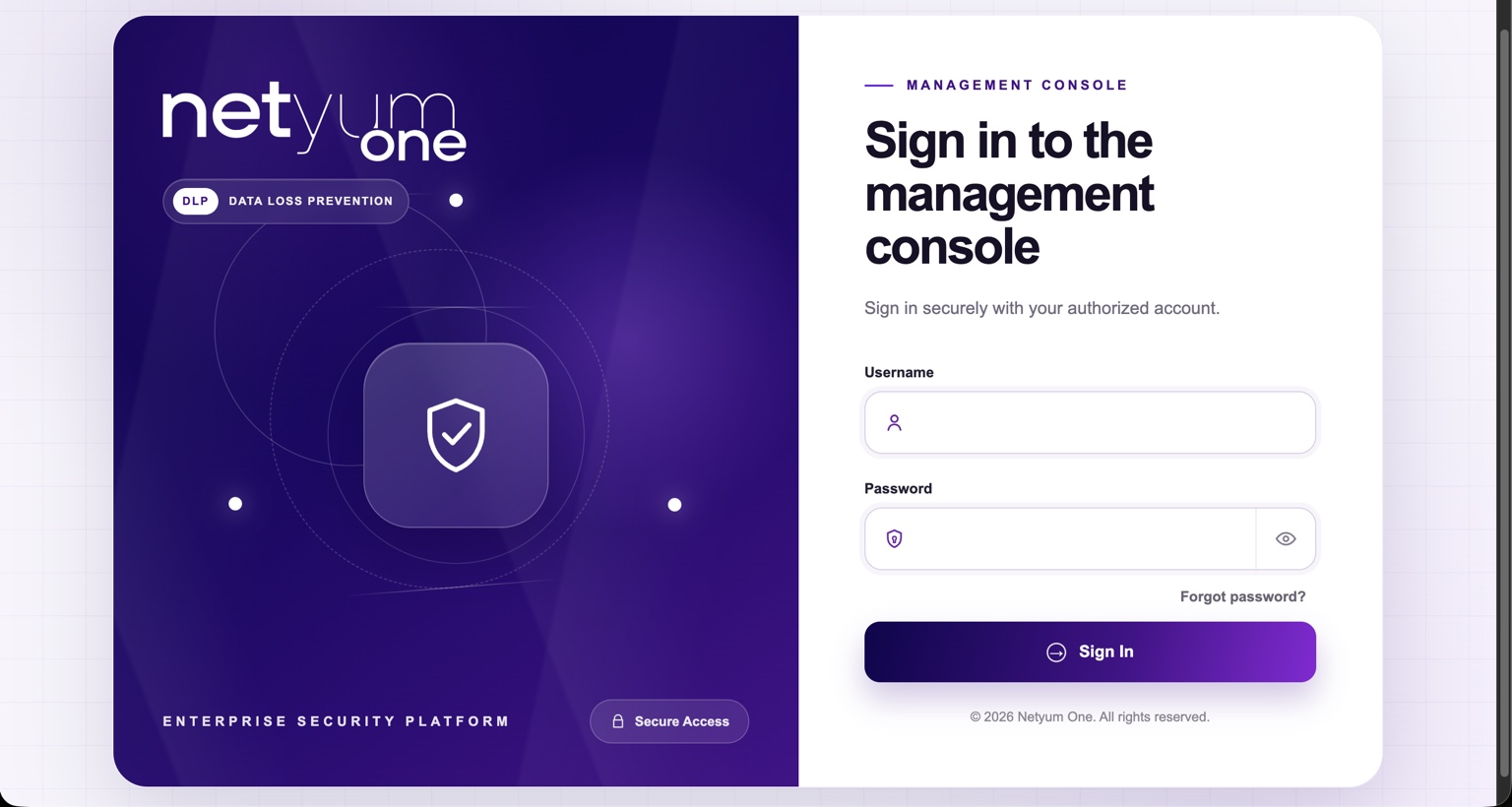 Netyum One DLP secure management console login